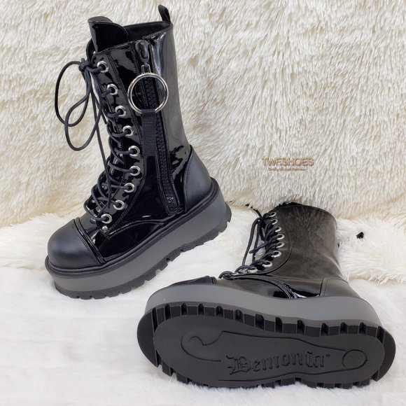 Patent Matte Platform Mid Calf Goth Punk Boots - Picture 8 of 14